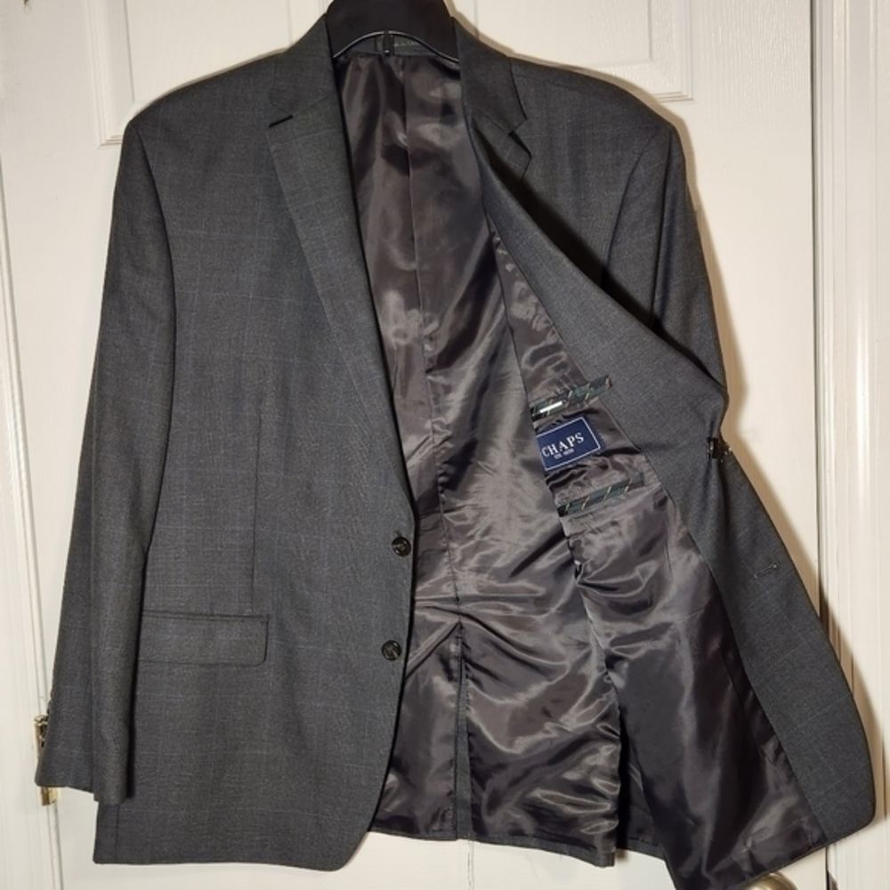 Chaps Grey Suit Jacket 48R Gray‎ Blue Poly blend Workwear Court Lawyer
